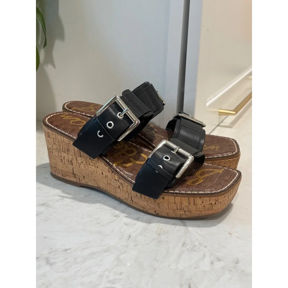 Sam Edelman Anna Platform Sandals Size 7 Black Buckle Leather Chunky Cork Wedge